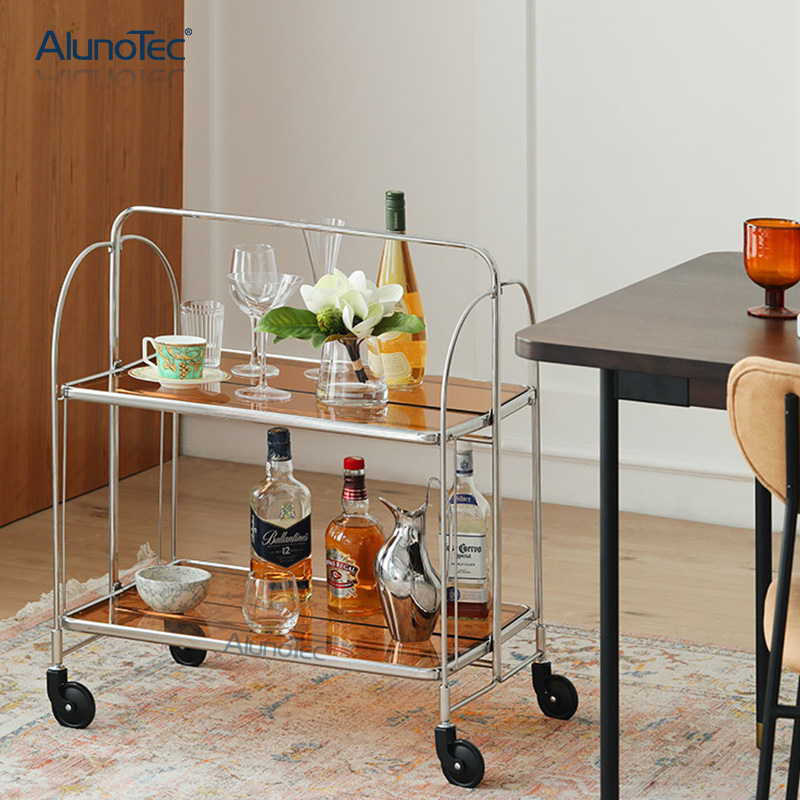 Chariot de service roulant en métal de protection contre la corrosion de Gerlinol de 2 niveaux de décor à la maison avec la tige en acier solide